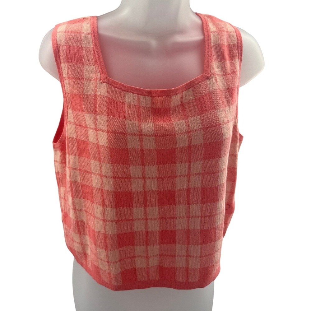 Kate‎ Spade New York Womens Coral Plaid Square Neck Knit Shirt Large NEW